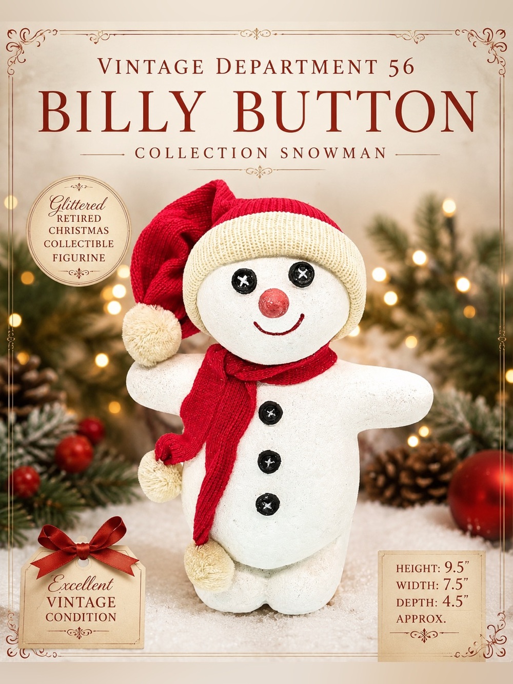 Department 56 Billy Button Snowman Glittered Retired Christmas Figure